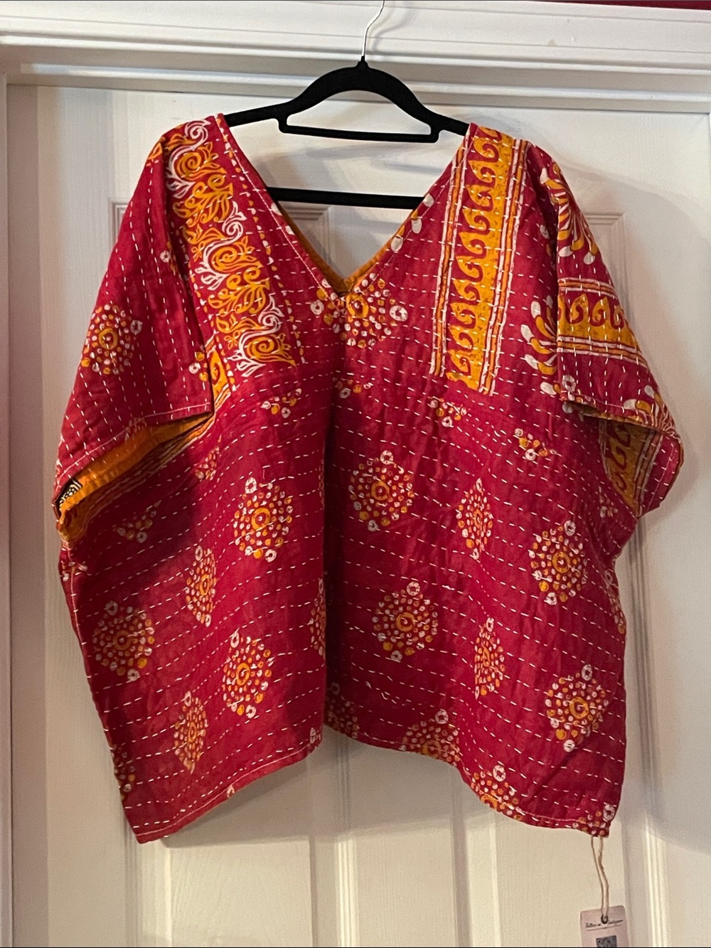 Boho V-Neck Red Floral Patchwork Tunic with Yellow Accents